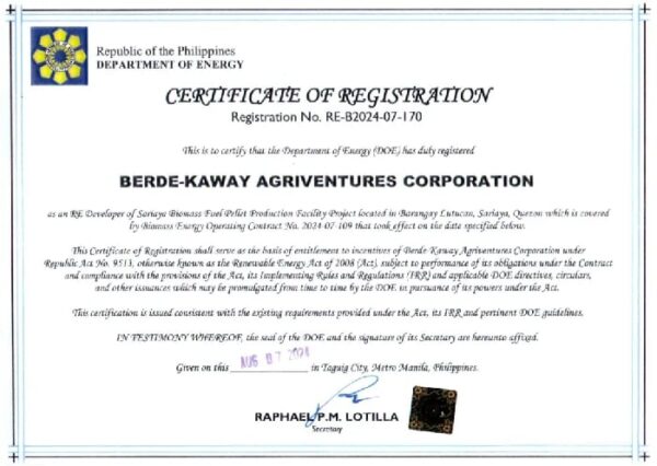 Berde Kaway Rides the Green Wave as the Philippines’ First Certified Biomass Production Facility