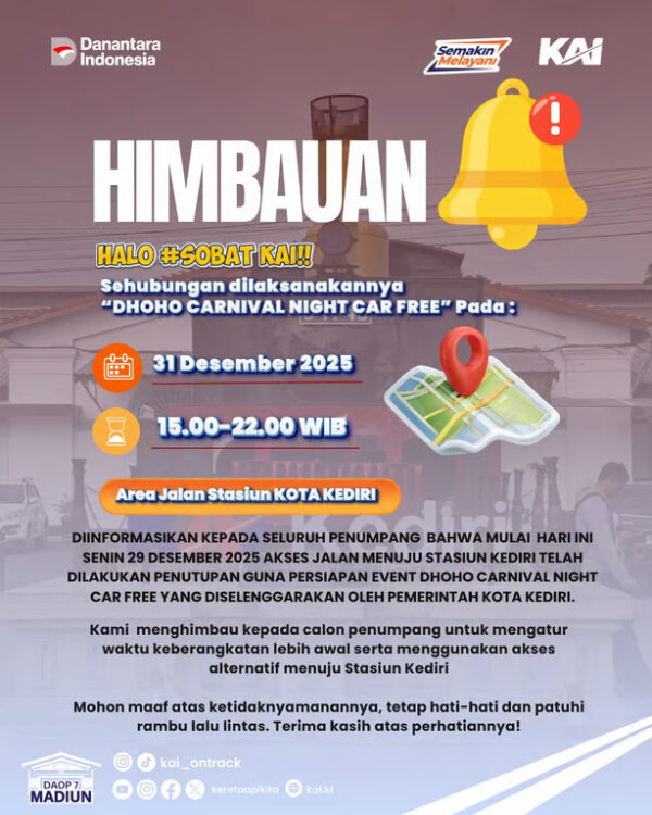 Hindari Macet Malam Pergantian Tahun, Penumpang KA dari Kediri Diminta Datang Lebih Awal